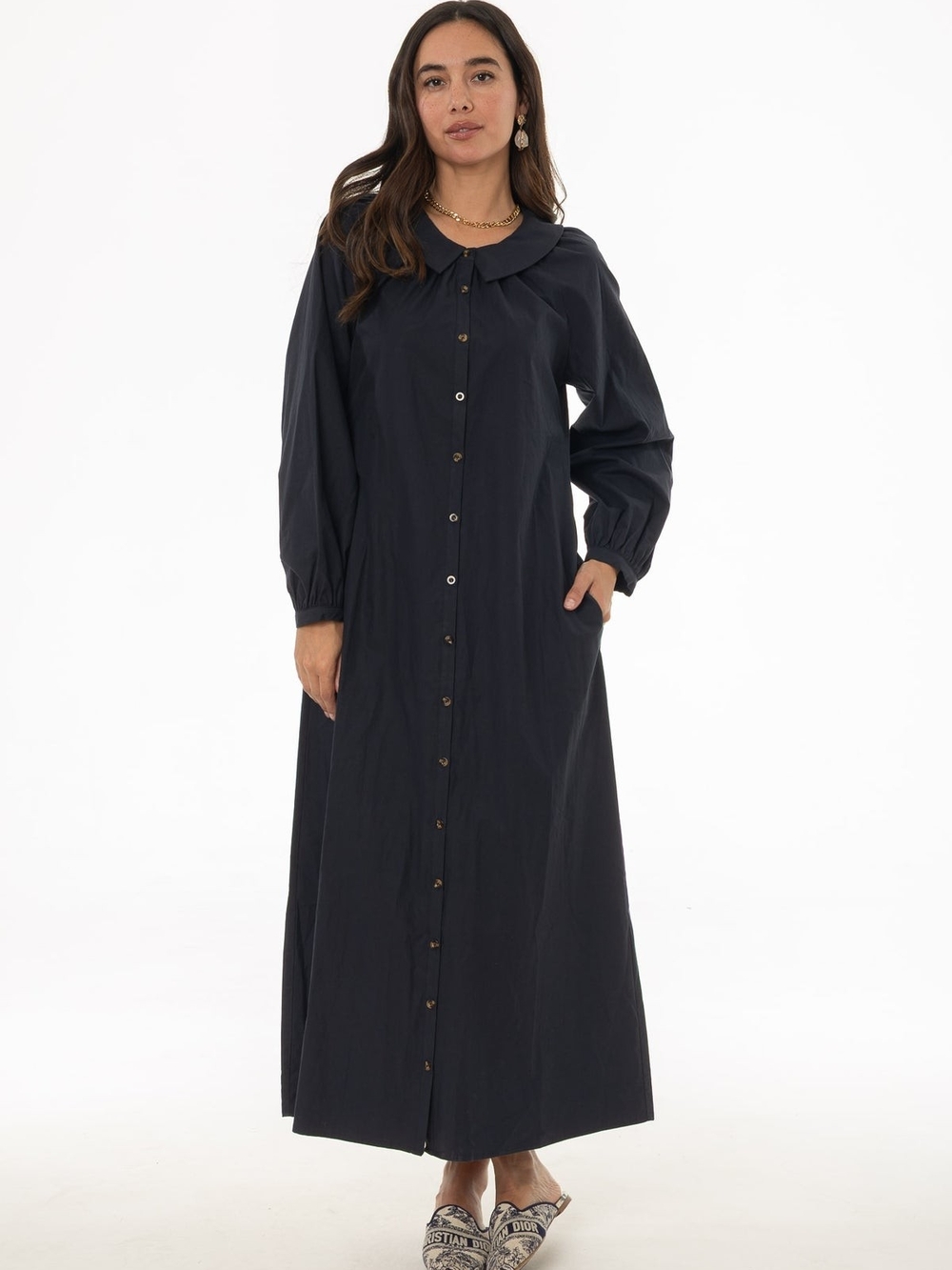 Blank NYC Navy Button-Front Maxi Dress with Peter Pan Collar